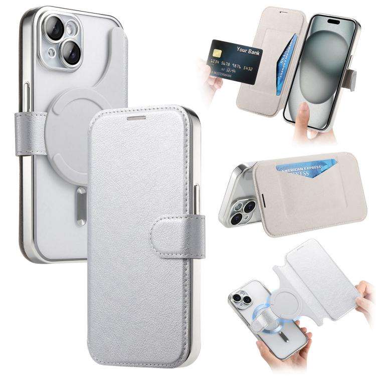 Splitable Electroplated MagSafe RFID Anti-theft Leather Phone Case with Lens Film, For iPhone 13 ...