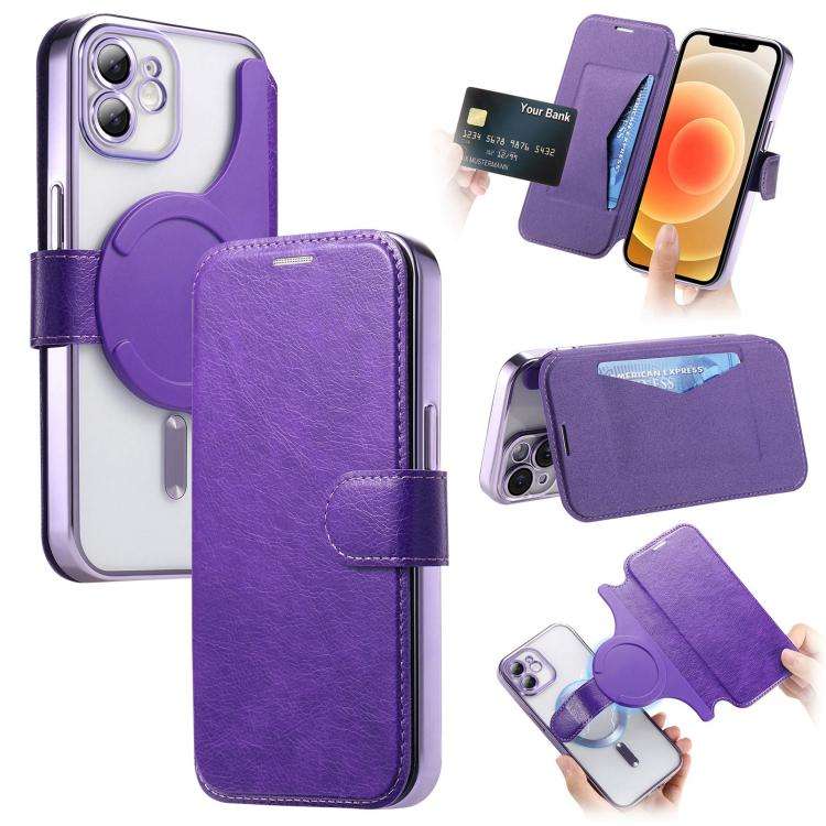 Splitable Electroplated MagSafe RFID Anti-theft Leather Phone Case with Lens Film, For iPhone 13 ...