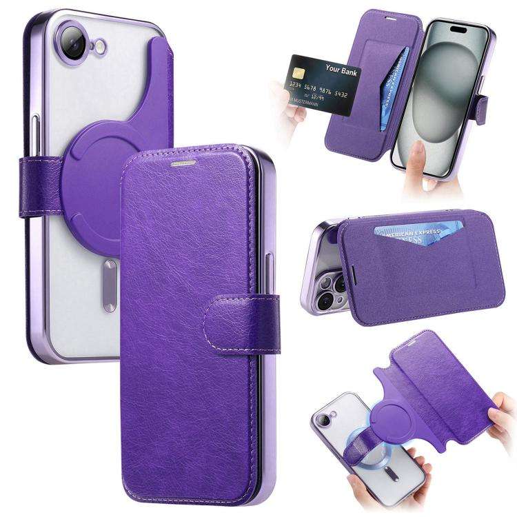 Splitable Electroplated MagSafe RFID Anti-theft Leather Phone Case with Lens Film, For iPhone 18 ...