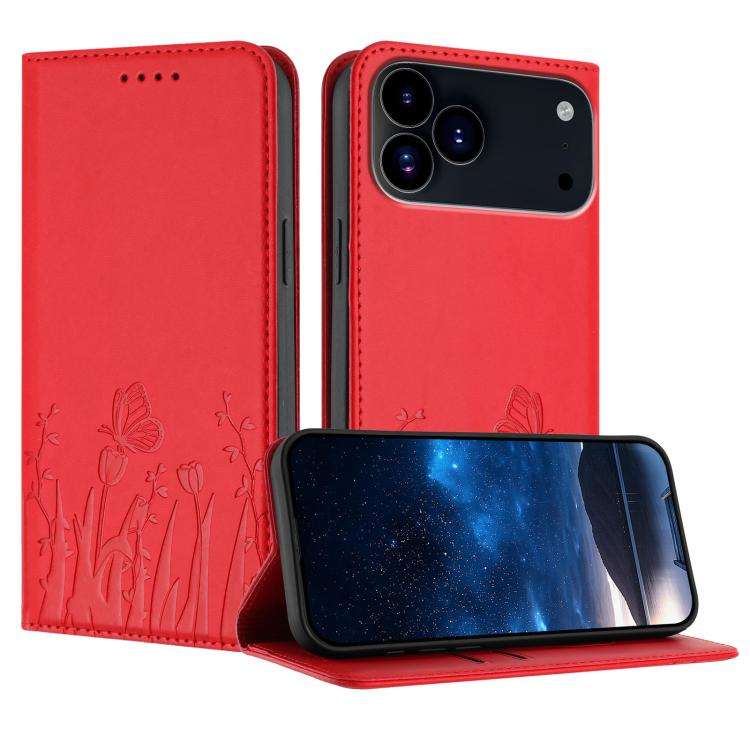 Tulips Butterfly Pattern Magnetic Vegan Leather Phone Case, For iPhone 18 Pro / 17 Pro, For iPhon...
