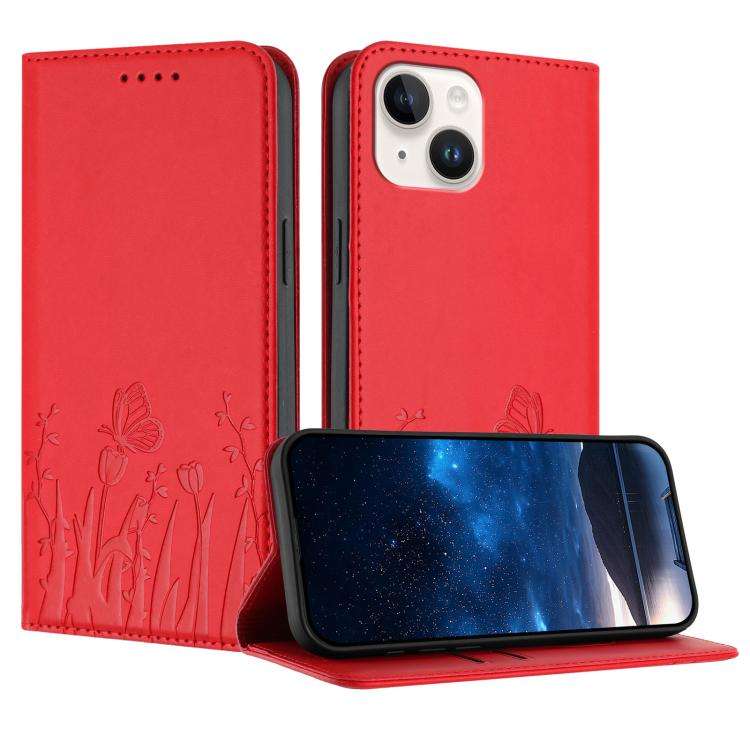 Tulips Butterfly Pattern Magnetic Vegan Leather Phone Case, For iPhone 13, For iPhone 13 mini, Fo...