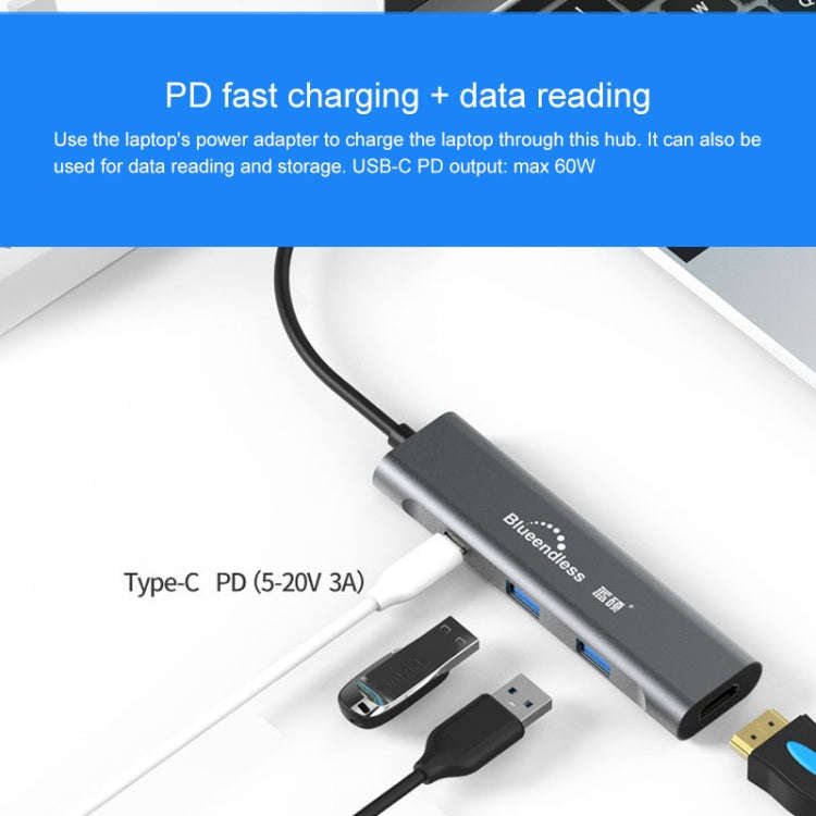 Blueendless 4 In 1 Multi-function Type-C / USB-C to HDMI + PD + Dual USB 3.0 HUB Expansion Dock, ...