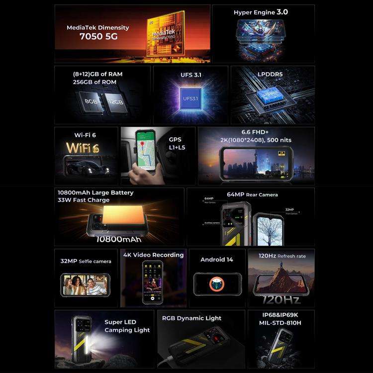HOTWAV Hyper 7 Rugged Phone, 8GB+256GB, 10800mAh, 6.6 inch Android 14 MediaTek Dimensity 7050 5G,...