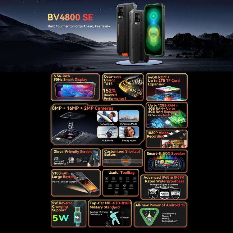 Blackview BV4800 SE Rugged Phone, 4GB+64GB, 6.56 inch Android 15 UMS9320E T615 Octa Core, Network...