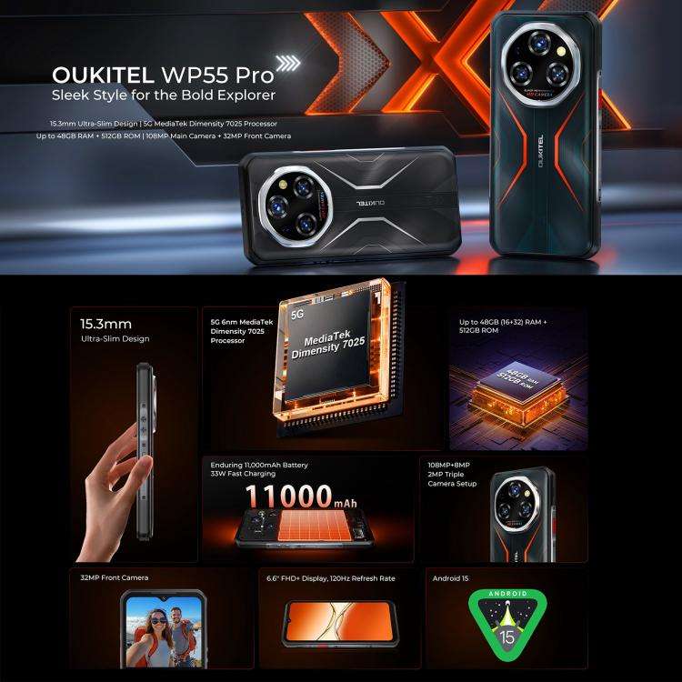Oukitel WP55 Pro 5G Rugged Phone, 16GB+512GB, 108MP Camera, Fingerprint Identification, 6.6 inch ...