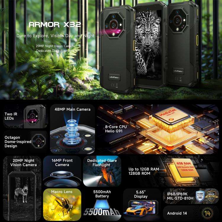 Ulefone Armor X32 Rugged Phone, 8GB+256GB, Night Vision, 5.65 inch Android 14 MediaTek Helio G91 ...