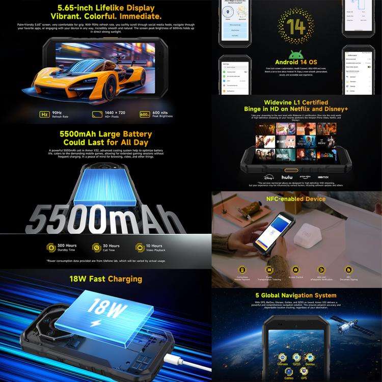 Ulefone Armor X32 Rugged Phone, 8GB+256GB, Night Vision, 5.65 inch Android 14 MediaTek Helio G91 ...