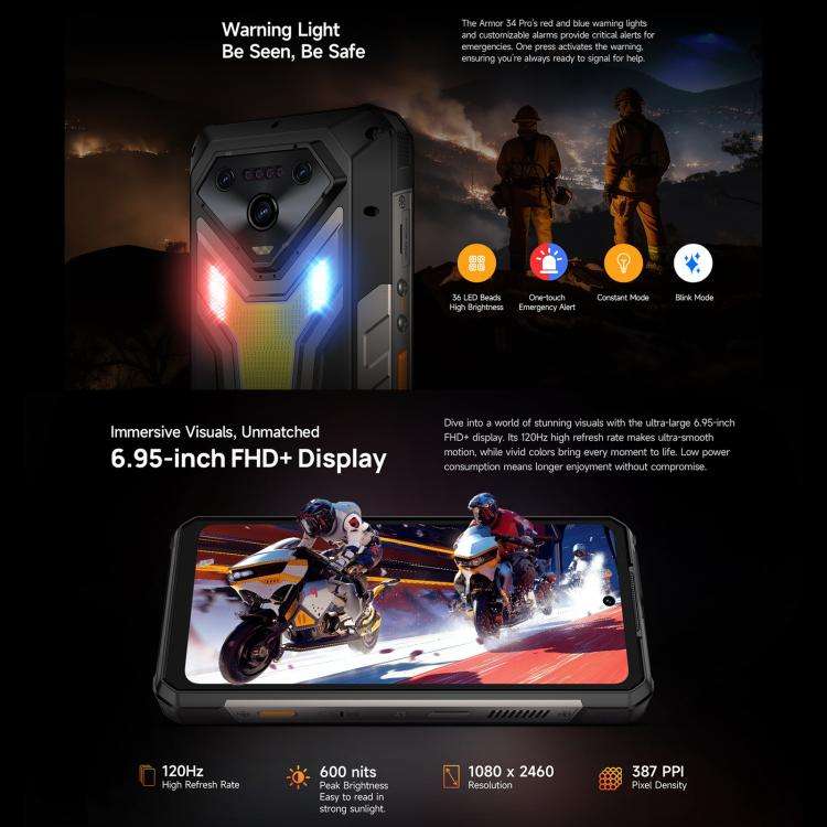 Ulefone Armor 34 Pro, 16GB+512GB, Night Vision, IP68/IP69K Rugged Phone, 6.95 inch Android 15 Med...