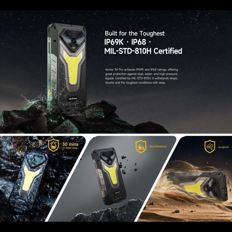 Ulefone Armor 34 Pro, 16GB+512GB, Night Vision, IP68/IP69K Rugged Phone, 6.95 inch Android 15 Med...
