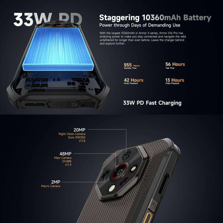Ulefone Armor X16, 6GB+128GB, Night Vision, IP68/IP69K Rugged Phone, 6.56 inch Android 15 MediaTe...
