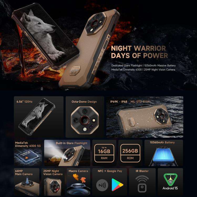 Ulefone Armor X16 Pro, 5GB+256GB, Night Vision, IP68/IP69K Rugged Phone, 6.56 inch Android 15 Med...