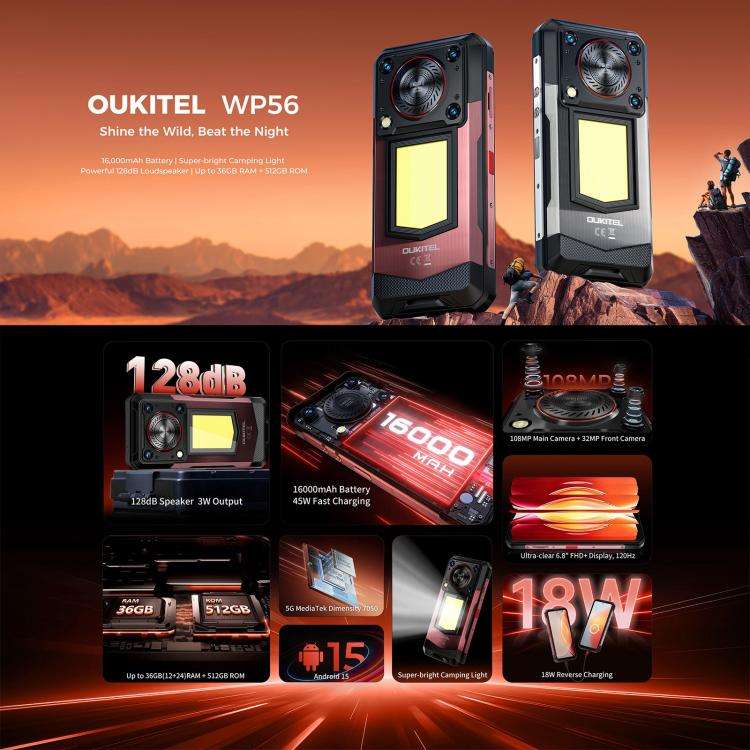 Oukitel WP56 Rugged Phone, 12GB+512GB, 108MP Camera, Fingerprint Identification, 6.8 inch Android...