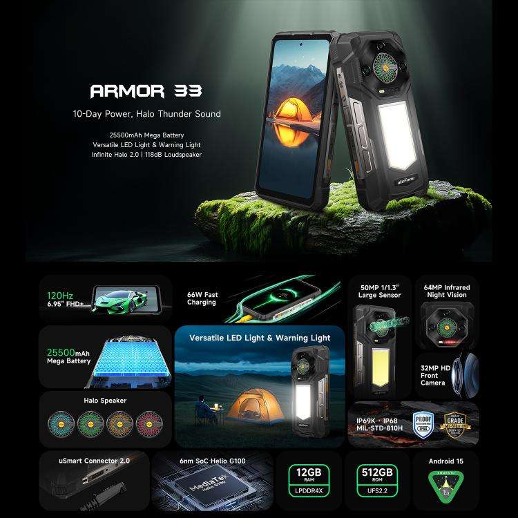 Ulefone Armor 33 Rugged Phone, 12GB+512GB, 6.95 inch Android 15 MediaTek Helio G100 Octa Core, Ne...