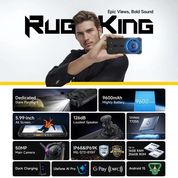 Ulefone RugKing, 8GB+256GB, IP68/IP69K Rugged Phone, 5.99 inch Android 15 Unisoc T7255 Octa Core,...