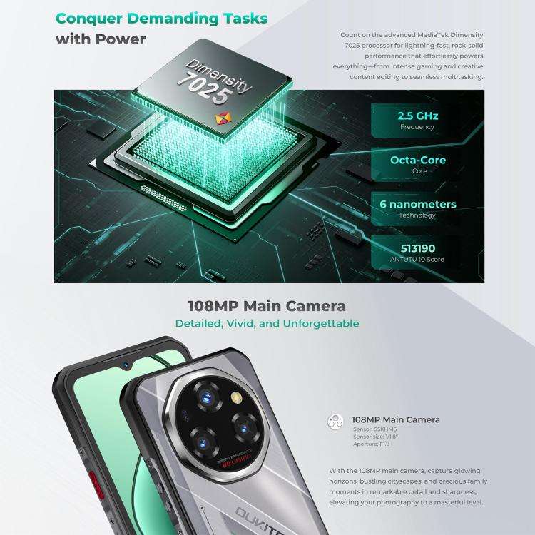 Oukitel WP62 Rugged Phone, 8GB+256GB, 108MP Camera, Fingerprint Identification, 6.6 inch Android ...