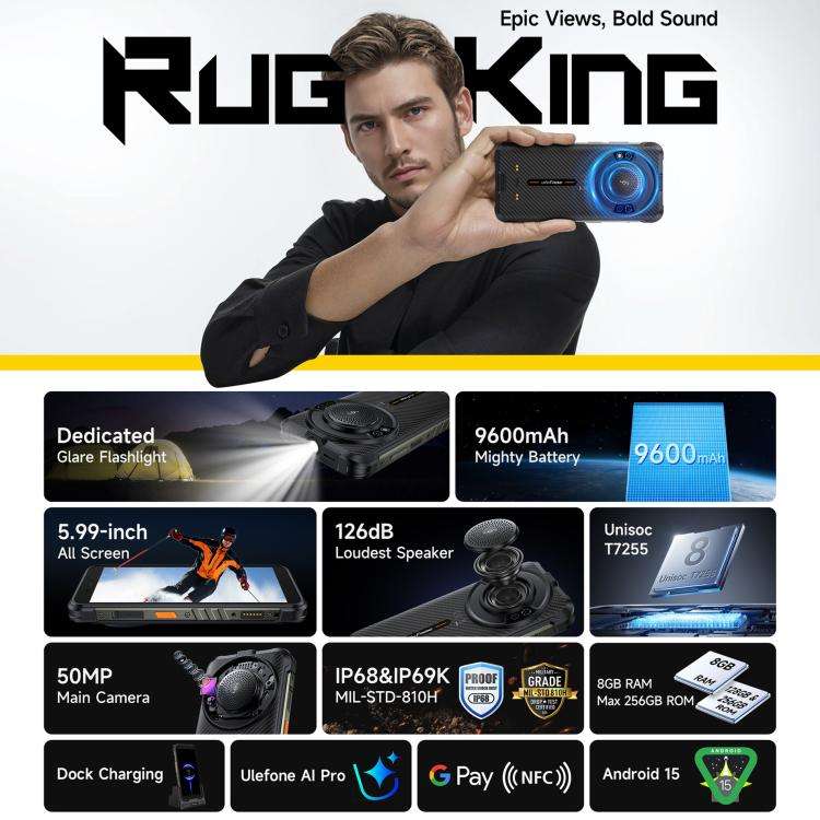 Ulefone RugKing, 8GB+128GB, IP68/IP69K Rugged Phone, 5.99 inch Android 15 Unisoc T7255 Octa Core,...