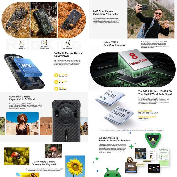 Ulefone RugKing, 8GB+128GB, IP68/IP69K Rugged Phone, 5.99 inch Android 15 Unisoc T7255 Octa Core,...
