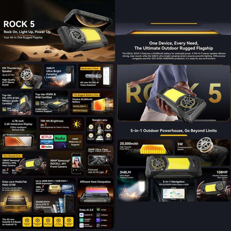 Blackview ROCK 5 Rugged Phone, 12GB+256GB, 6.67 inch Android 16 Helio G100 MT8781 Octa Core, Netw...
