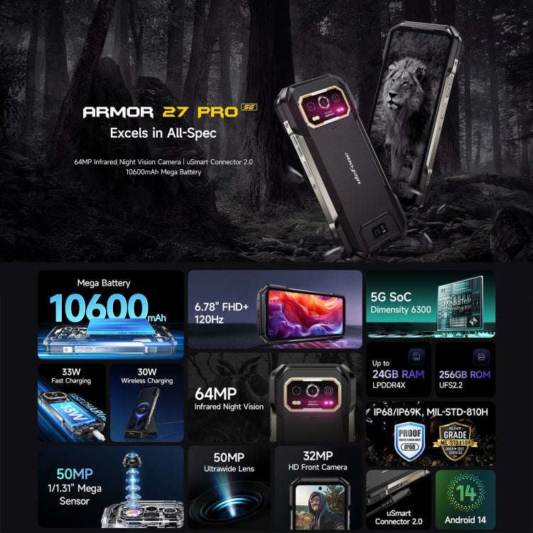 Ulefone Armor 27 Pro Rugged Phone, 12GB+256GB, Night Vision, 10600mAh, 6.78 inch Android 14 Media...