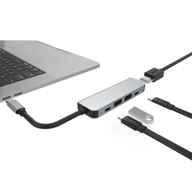 5 in 1 HDMI + USB x 2 + PD x 2 to USB-C / Type-C HUB Adapter, HDMI + USB x 2 + PD x 2