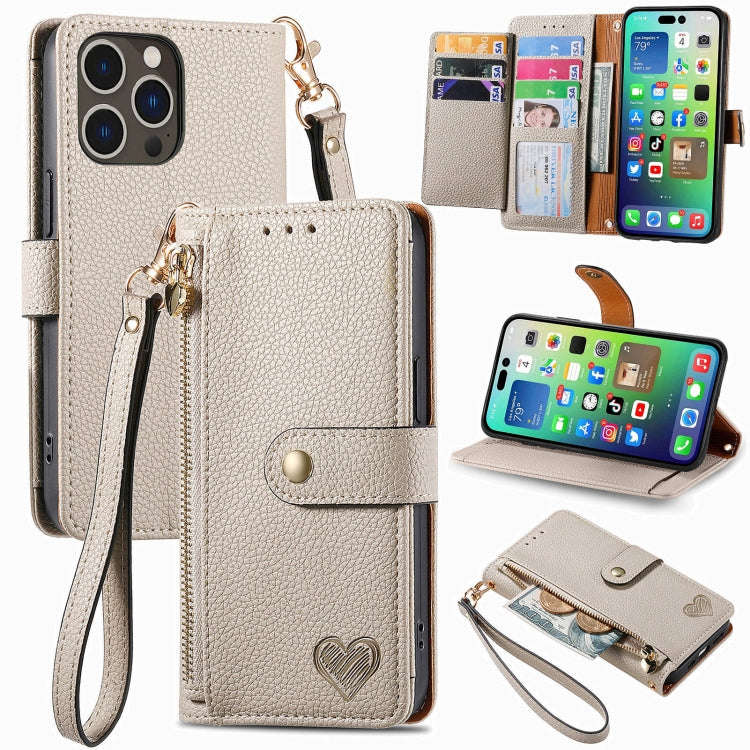 Love Zipper Lanyard Leather Phone Case, For iPhone 17e / 16e, For iPhone 17 Pro Max, For iPhone 1...