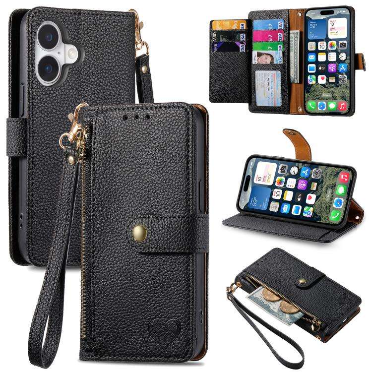 Love Zipper Lanyard Leather Phone Case, For iPhone 17e / 16e, For iPhone 17 Pro Max, For iPhone 1...