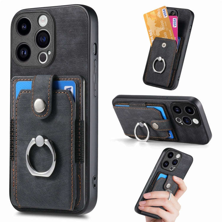 Retro Skin-feel Ring Card Wallet Phone Case, For iPhone 15 Pro Max, For iPhone 15 Pro, For iPhone...