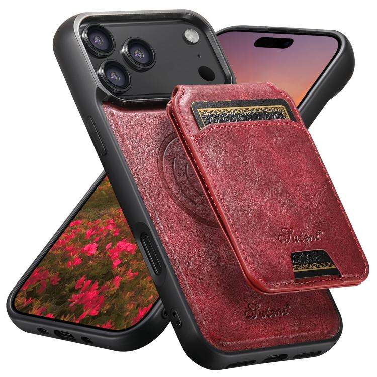 Suteni H15 MagSafe Oil Eax Leather Detachable Wallet Back Phone Case, For iPhone 18, For iPhone 1...