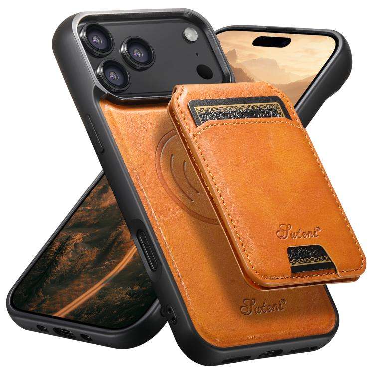 Suteni H15 MagSafe Oil Eax Leather Detachable Wallet Back Phone Case, For iPhone 18, For iPhone 1...