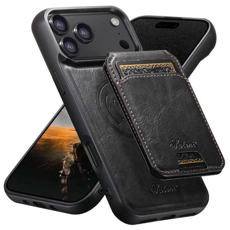 Suteni H15 MagSafe Oil Eax Leather Detachable Wallet Back Phone Case, For iPhone 18, For iPhone 1...