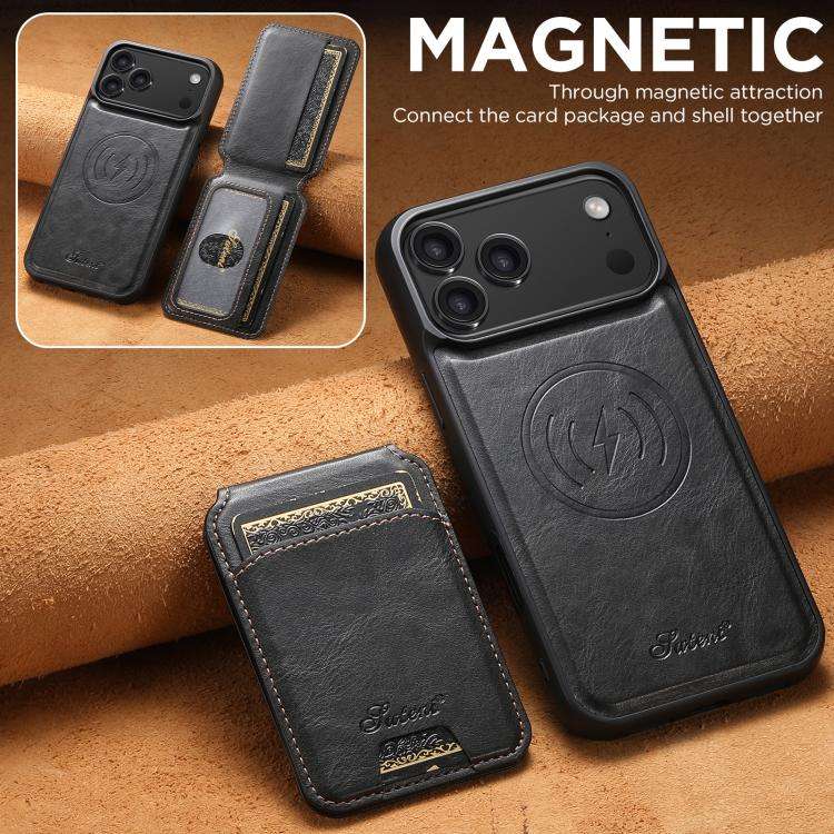 Suteni H15 MagSafe Oil Eax Leather Detachable Wallet Back Phone Case, For iPhone 18, For iPhone 1...
