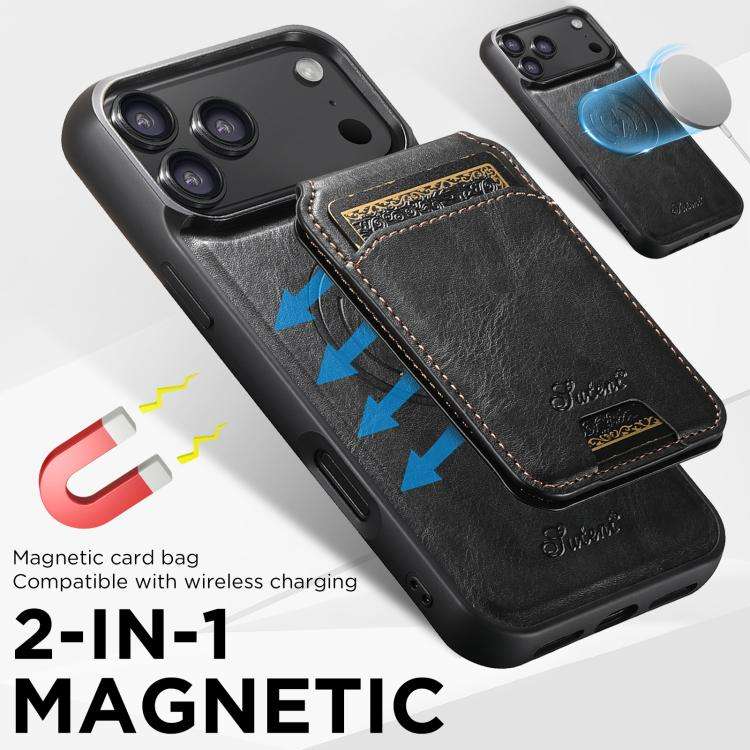 Suteni H15 MagSafe Oil Eax Leather Detachable Wallet Back Phone Case, For iPhone 18, For iPhone 1...