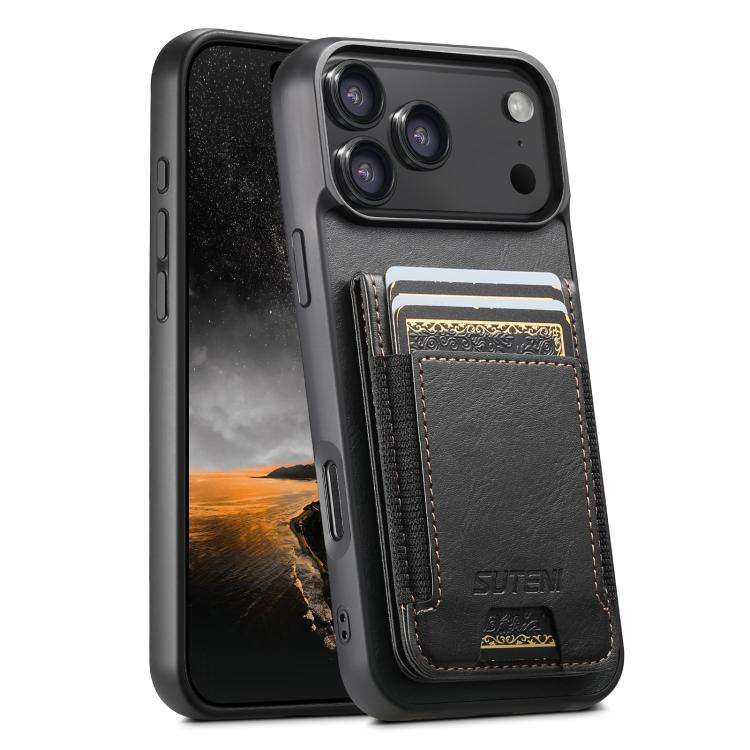 Suteni H03 Oil Wax Leather Wallet Stand Back Phone Case, For iPhone 18, For iPhone 18 Pro, For iP...