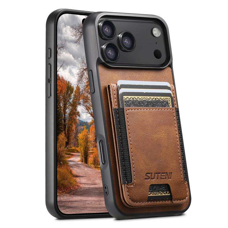 Suteni H03 Oil Wax Leather Wallet Stand Back Phone Case, For iPhone 18, For iPhone 18 Pro, For iP...