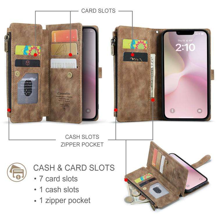 CaseMe C30 Card Slots Zipper Wallet Leather Phone Case, For iPhone 17e / 16e, For iPhone 17 Pro M...