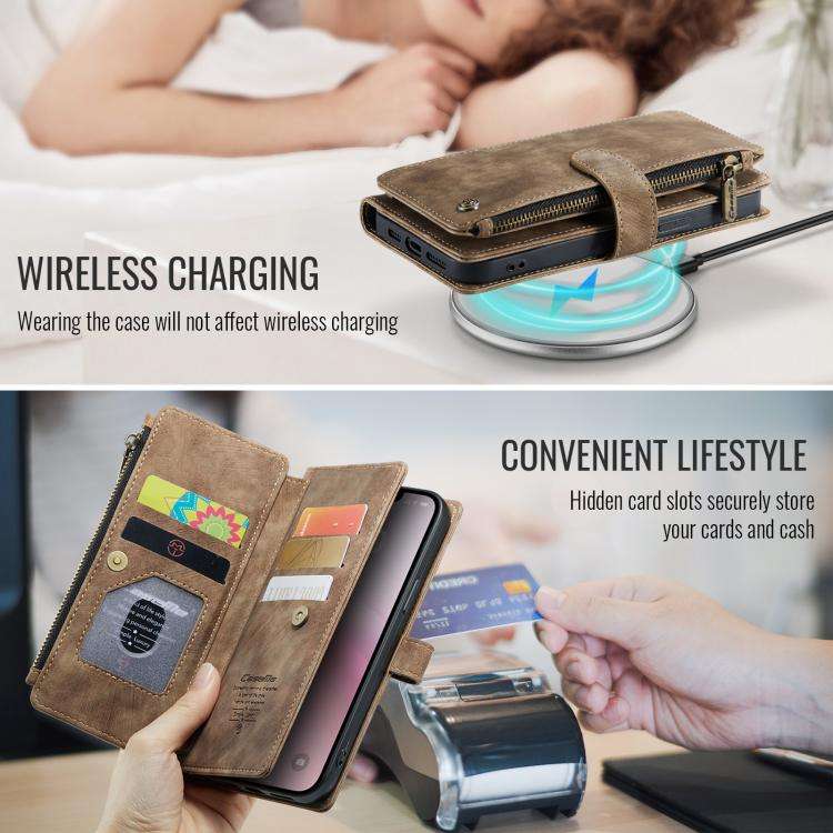 CaseMe C30 Card Slots Zipper Wallet Leather Phone Case, For iPhone 17e / 16e, For iPhone 17 Pro M...