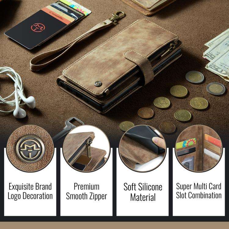 CaseMe C30 Card Slots Zipper Wallet Leather Phone Case, For iPhone 17e / 16e, For iPhone 17 Pro M...