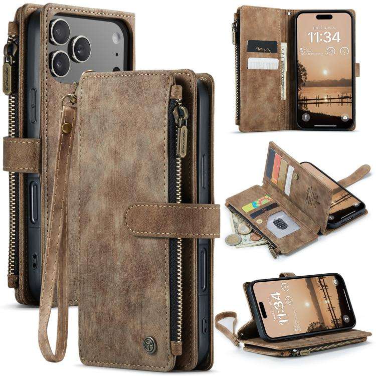 CaseMe C30 Card Slots Zipper Wallet Leather Phone Case, For iPhone 17e / 16e, For iPhone 17 Pro M...