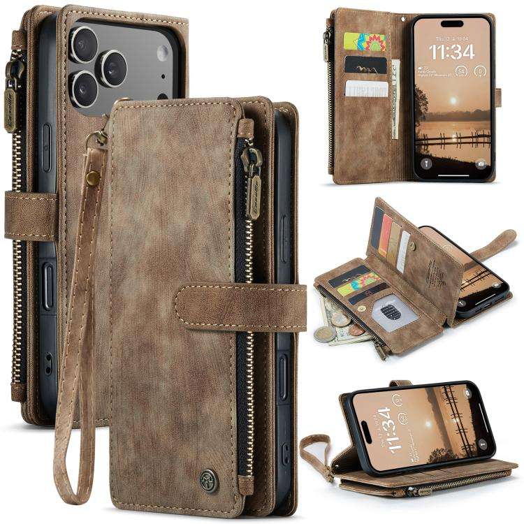 CaseMe C30 Card Slots Zipper Wallet Leather Phone Case, For iPhone 17e / 16e, For iPhone 17 Pro M...