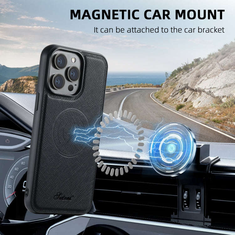 Suteni H17 Cross Grain Leather MagSafe Detachable Wallet Phone Case, For iPhone 14, For iPhone 14...