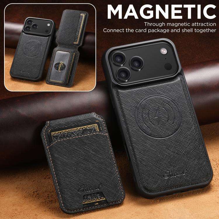 Suteni H18 Cross Grain MagSafe Wallet Leather Phone Case, For iPhone 18, For iPhone 18 Pro, For i...