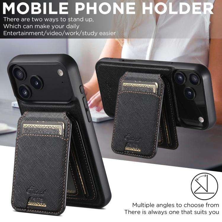 Suteni H18 Cross Grain MagSafe Wallet Leather Phone Case, For iPhone 18, For iPhone 18 Pro, For i...