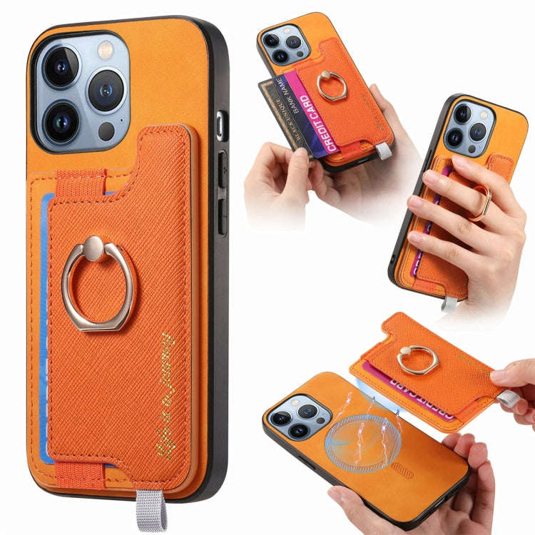 Retro Magsafe Cross Leather Ring Holder Card Bag Phone Case, For iPhone 14 Pro, For iPhone 14 Pro...