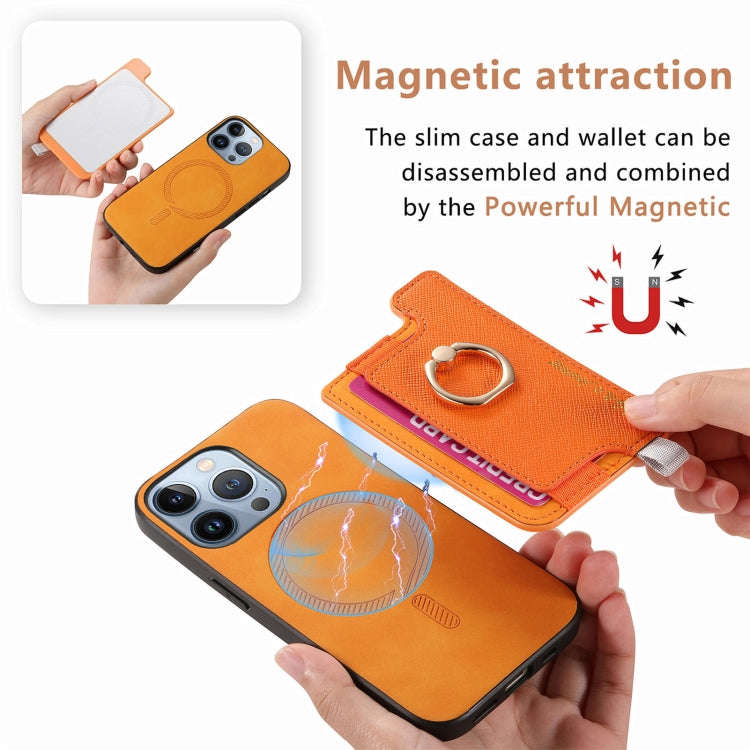 Retro Magsafe Cross Leather Ring Holder Card Bag Phone Case, For iPhone 14 Pro, For iPhone 14 Pro...