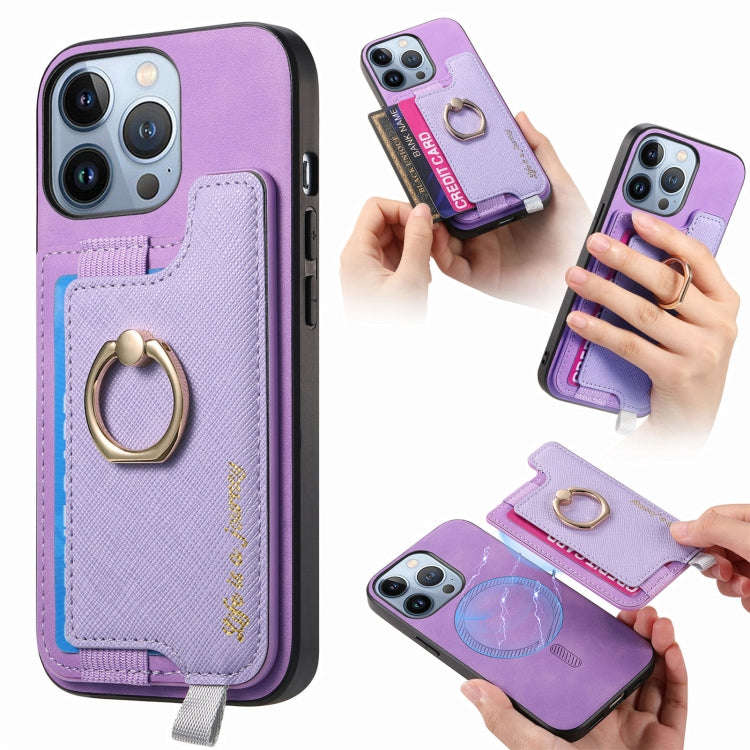 Retro Magsafe Cross Leather Ring Holder Card Bag Phone Case, For iPhone 14 Pro, For iPhone 14 Pro...