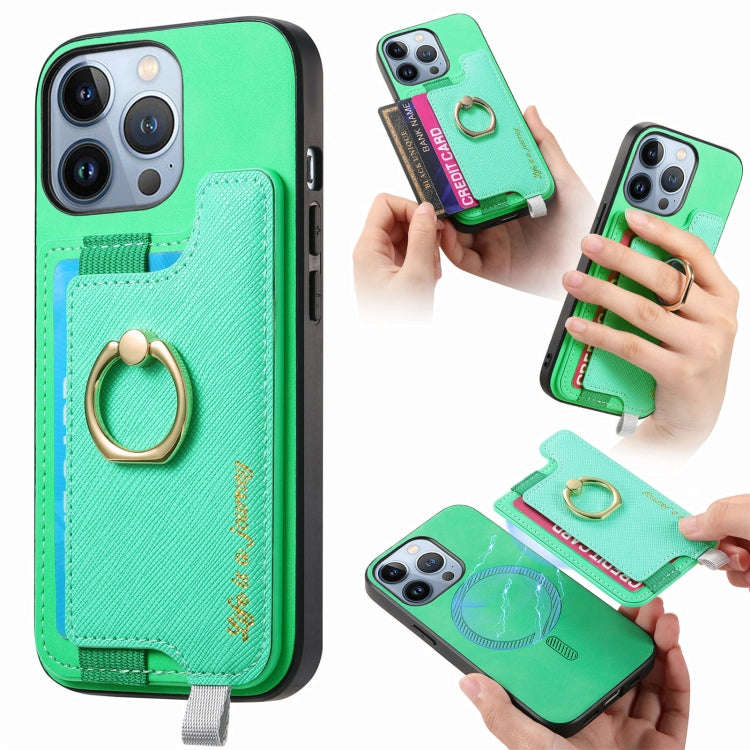 Retro Magsafe Cross Leather Ring Holder Card Bag Phone Case, For iPhone 14 Pro, For iPhone 14 Pro...