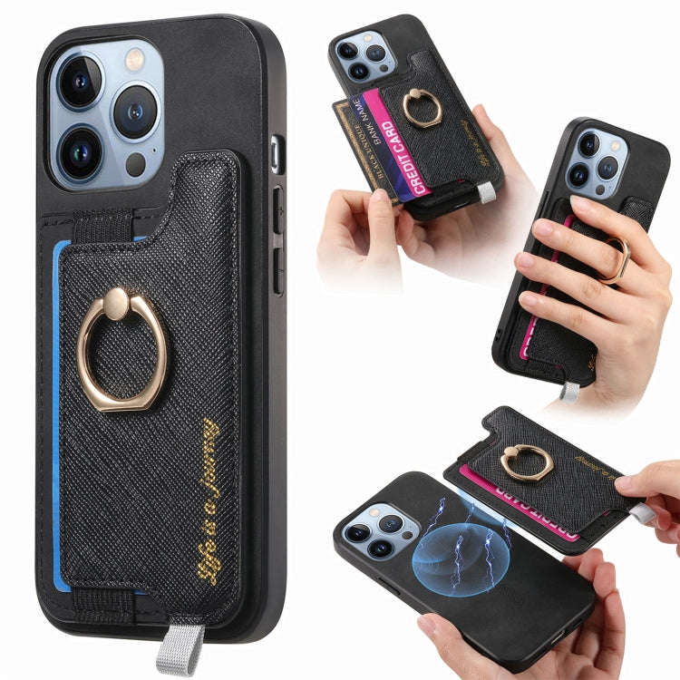 Retro Magsafe Cross Leather Ring Holder Card Bag Phone Case, For iPhone 14 Pro, For iPhone 14 Pro...