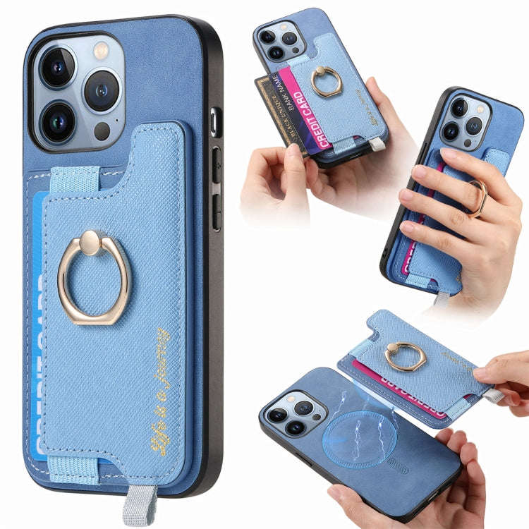 Retro Magsafe Cross Leather Ring Holder Card Bag Phone Case, For iPhone 14 Pro, For iPhone 14 Pro...