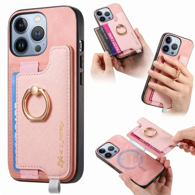 Retro Magsafe Cross Leather Ring Holder Card Bag Phone Case, For iPhone 14 Pro, For iPhone 14 Pro...