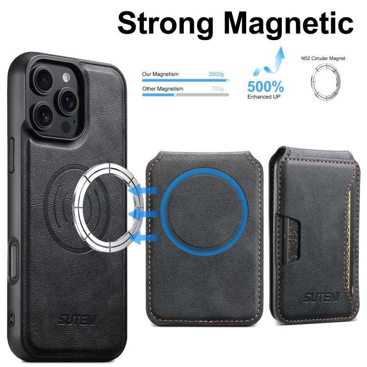 Suteni M3 Card Bag MagSafe Cowhide Texture Leather Phone Case, For iPhone 14, For iPhone 14 Pro, ...